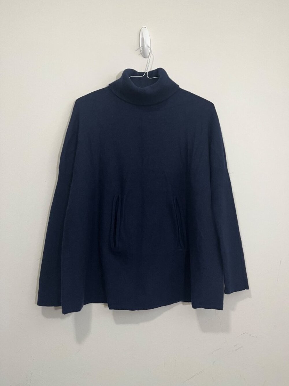 Garnet Hill Wool Cashmere Cape Sweater M Blue Kangaroo Pocket Quiet Luxury Boho